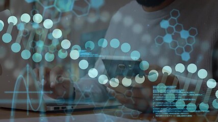 Developer typing code animating hexagonal DNA charts for data analysis while scrolling smartphone - Powered by Adobe