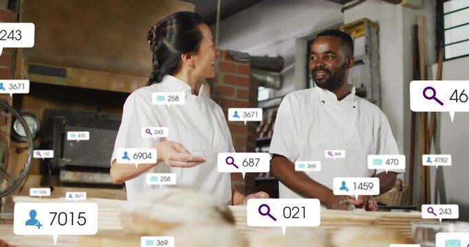 Flour sprinkling and folding leading icons appearing in bakery bakers kneading monitoring metrics