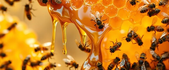 Golden honey dripping from honeycomb, surrounded by busy bees, beeswax, bee colony
