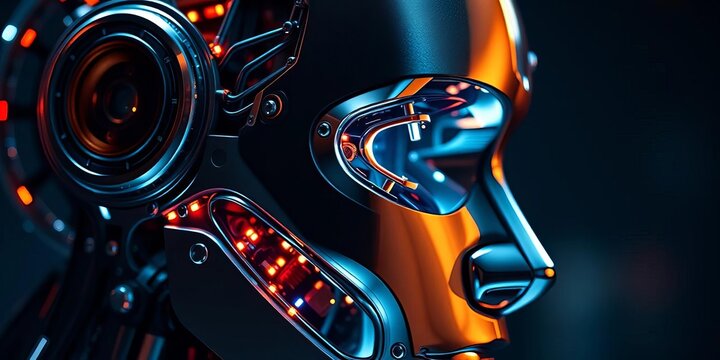 Close-up of a metallic robotic head, intricate circuitry glowing faintly,  server, futuristic - Powered by Adobe