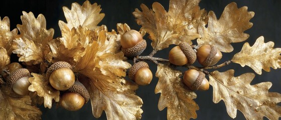 Obraz premium Autumn's golden glow: the majestic oak revealed. High-class shoot. A radiant close-up of oak leaves and acorns in autumn's glorious sunlight. Sophisticated pose. Elegant presentation.