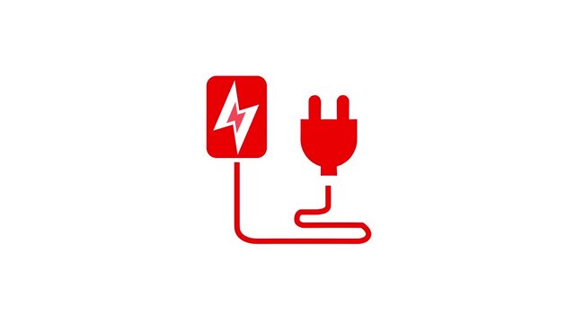 Red electric plug and charging station icon with lightning bolt symbol on white background electricity