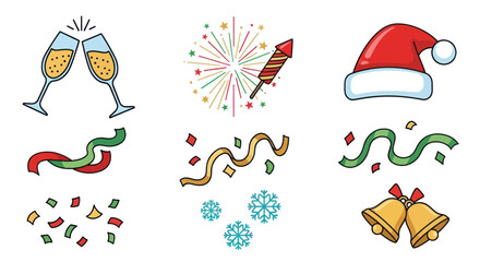 Colorful Celebration Icon Set with Clinking Champagne Glasses, Festive Confetti, Streamers, and Fireworks for New Year's and Holiday Party Designs., Flat Vector Elements, Vector Illustration, Simple