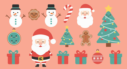 Cute Christmas Holiday Characters and Decorations: Smiling Santa Claus, Snowmen, Gingerbread, Ornament, and Gift Illustrations on Peach Background, Flat Vector Elements, Vector Illustration, Simple