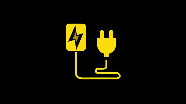 Yellow electric plug and charging station icon with lightning bolt symbol on black background electricity