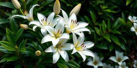 Obraz premium Elegant cluster of pristine white lilies, lush green foliage, bright, still life