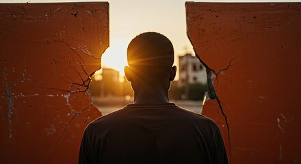 Man gazing at warm sunset through a cracked orange wall, symbolizing hope emerging from challenges and new beginnings on the horizon.