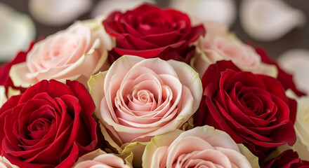 A close up shot showcasing a beautiful bouquet of red and pink roses with soft petals and blurred background ai generated
