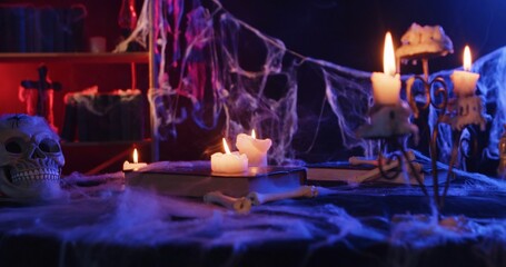 Halloween Haunted Table with Skull and Candles
