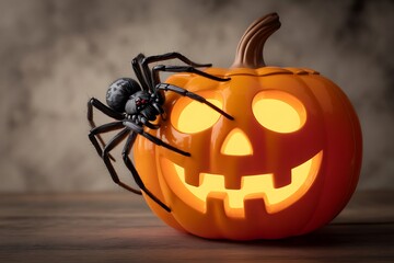 Spooky halloween jack o lantern pumpkin with a realistic spider crawling on it