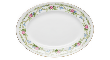 White ceramic dinner plate with floral border isolated on transparent background