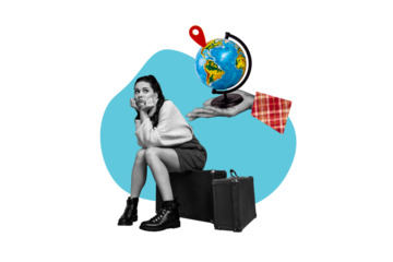 Creative collage picture young sitting girl bored flight delay departure suitcases plant earth globe destination mark traveler