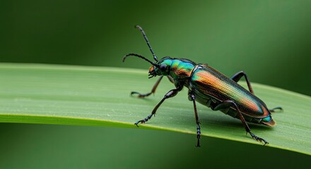 Fototapeta premium Stunning iridescent beetle with metallic green and copper hues explores a vibrant green leaf, macro photography capturing intricate detail and natural beauty in perfect focus