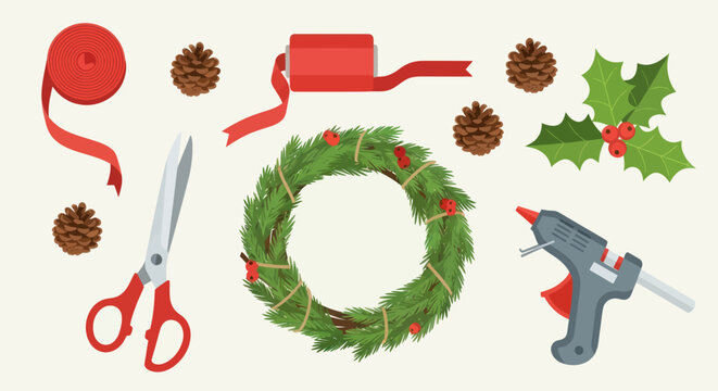 Christmas Wreath Making Supplies and Craft Materials: Red Ribbons, Pinecones, Scissors, and Evergreen Branches, Flat Vector Elements, Vector Illustration, Simple Vector, Stylized Vector Drawing,