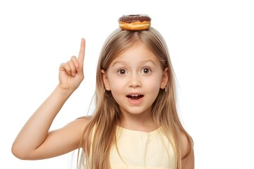 Surprised Little Girl with Donut on Head Pointing Up on White Background