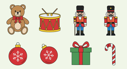 Cartoon illustration of Christmas toys and decorations including a teddy bear, drum, and ornaments on a light background., Flat Vector Elements, Vector Illustration, Simple Vector, Stylized Vector