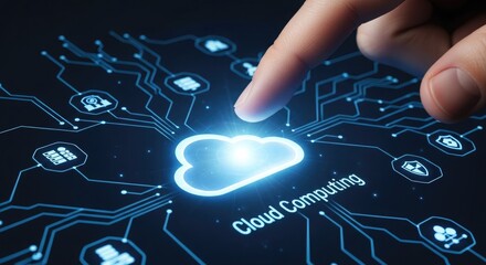 Finger touching a glowing cloud icon representing cloud computing