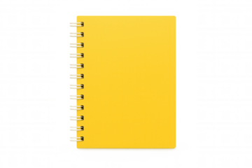 Yellow spiral notebook laying flat with blank cover, conceptualizing education, planning, and goal setting on transparent background
