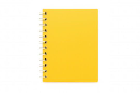 Yellow spiral notebook laying flat with blank cover, conceptualizing education, planning, and goal setting on transparent background