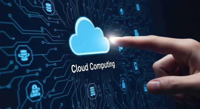 Finger touching Cloud Computing icon on digital network