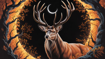 A graceful stag stands tall in the shadows, surrounded by twisted tree branches. The crescent moon behind it gives it an eerie feel.