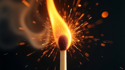 A lit match, flames and sparks burning.