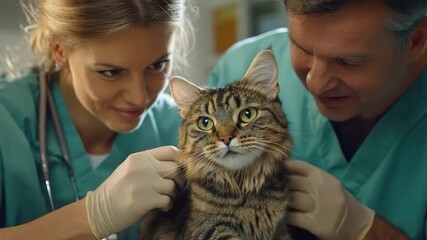 A cat being examined by a veterinarian