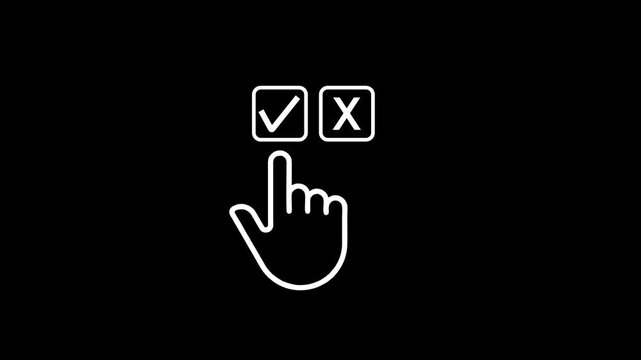 White hand cursor selecting a checkmark from two options on a black background pointer selection