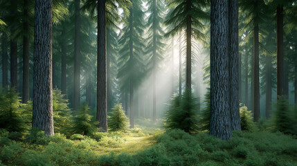 Fototapeta premium Sunlight streaming through tall pine trees in lush green forest, concept of peace, nature and eco environment.