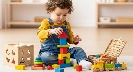 Cropped picture of a toddler building a tower with wooden blocks and playing games with montessori toys.