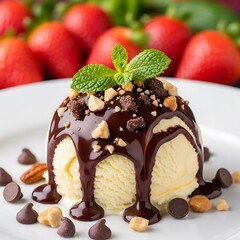 Vanilla ice cream sundae with chocolate syrup and nuts
