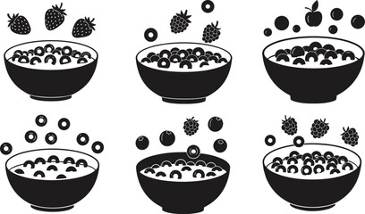 Black and white vector illustration of cereal bowls with strawberries, raspberries, blueberries, apple, and cherry fruit combinations for healthy breakfast design