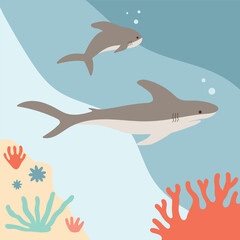 Vector background with images of sharks swimming on the seabed, coral reefs, starfish, algae on the ocean floor.