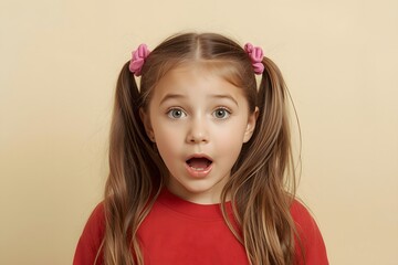 Surprised Little Girl with Pigtails Wearing Red Shirt on Beige Background