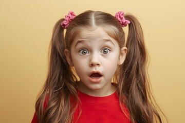 Surprised Little Girl with Ponytails Wearing Red Shirt on Yellow Background