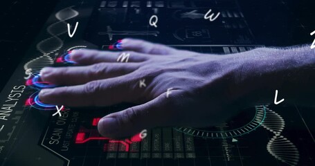 Operator hand brushing floating letters activating tech interface for scan with DNA helix and gauge - Powered by Adobe