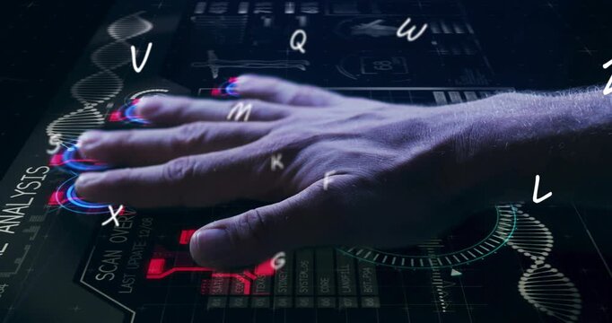 Operator hand brushing floating letters activating tech interface for scan with DNA helix and gauge