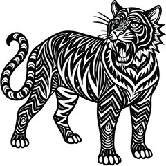Tiger walking pose covered in circular mandala and tribal ornamental patterns.