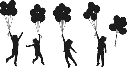 Black silhouette vector illustration of children holding balloons in playful poses, floating upward, celebrating childhood joy, imagination, freedom, and creative lifestyle design © Afsun Creative