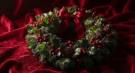 Traditional Christmas wreath with pine cones and red berries on red velvet background