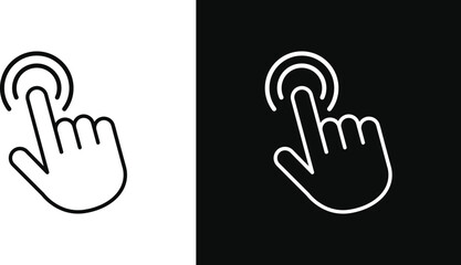 Simple line art icon of a finger clicking a button or screen on white and black backgrounds
