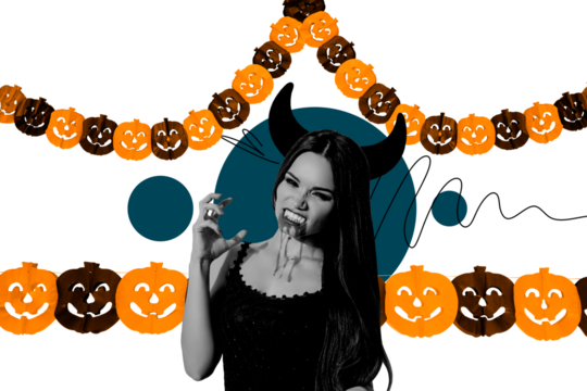 Composite photo collage of angry evil girl dracula fangs blood bite halloween demon masquerade garland isolated on painted background - Powered by Adobe