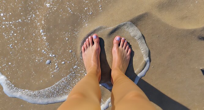 Top view of bare feet standing on wet sandy beach with gentle ocean foam - Powered by Adobe