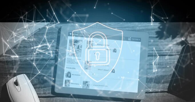 Tablet computer receiving fading padlock overlay and displaying pulsing network nodes for security