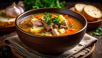 Hearty Beef and Vegetable Soup in a Rustic Bowl.