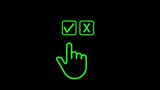 Green hand cursor pointing to a checkmark in a square box with a cross in another box pointer finger