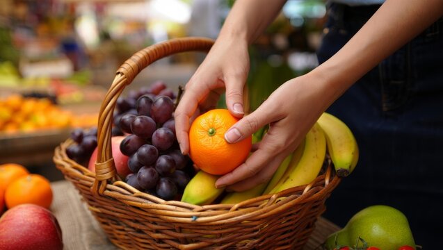 Woman's hands placing a fresh orange into a wicker basket filled with a variety of healthy fruits like grapes. Apples. And bananas at an outdoor market stall - Powered by Adobe