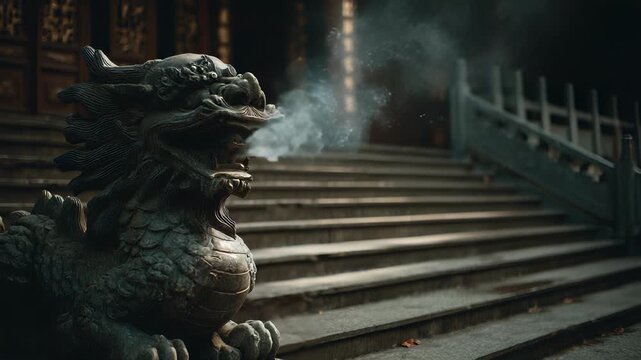 Majestic Stone Dragon Statue Emitting Smoke, Guarding Steps of an Ancient Chinese Temple, Symbol of Power and Tradition