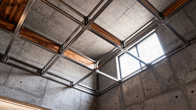 Modern ceiling structure with metal beams and wood