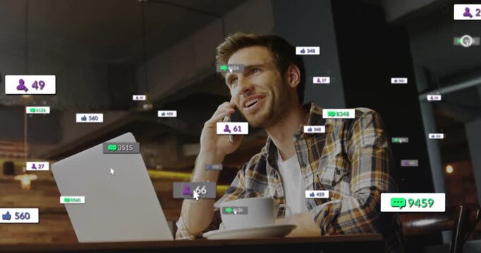 Content creator answering phone call generating social metrics then typing to respond